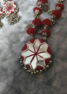 Boho Red Thread &amp; Mirror Work Necklace Set