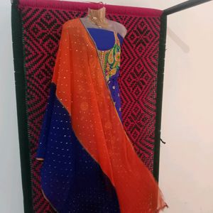 Free Duppta With Unstitched Orange Contrast Blue
