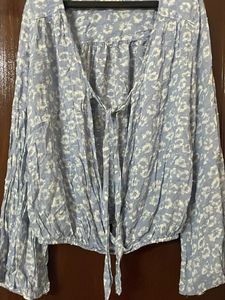 Blue Floral Print Tie-Up Blouse