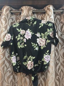 Black Floral Print Tie-Front Top