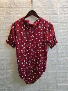 Chic Red Floral Puff Sleeve bodysuit