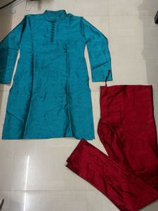 Teal Kurta with Red Salwar Set