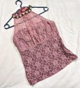🎁Y2K Lace Halter Neck Top with Pearl Detail J