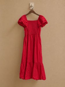 Red Square Neck Puff Sleeve Dress