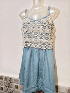Light Blue Denim Dress with Crochet Top