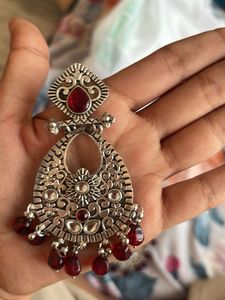 Oxidized Silver Jhumka Earrings with Red Stones