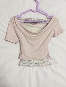 Sheer Lace Trimmed Pink Top