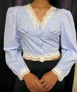 Blue Striped Lace Trim Top
