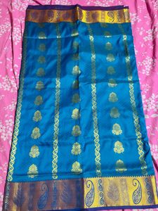 fixed  Blue Silk Saree with Gold Zari  pattu