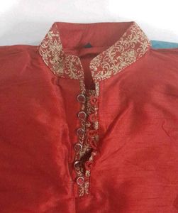 Red Men's Kurta with Gold Embroidery