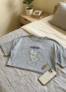 Grey Cropped T-Shirt with Elephant Print