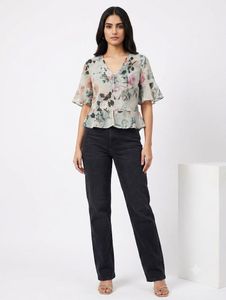 Sheer Floral Print V-Neck Top