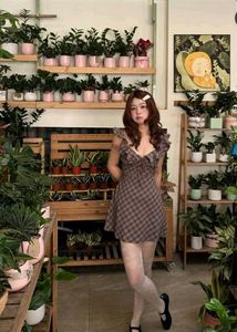 y2k Brown Plaid Ruffle Mini Dress