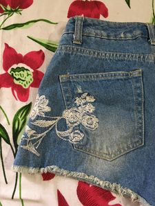 Denim  Shorts with Floral Lace Detail
