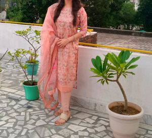 Peach Heavily Embellished Organza Suit Set