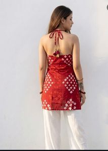 Red Bandhani Print Halter Neck Kurta