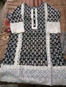 Black & White Printed Kurta with Lace