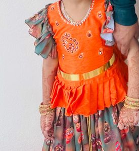 Girls Orange & Green Lantern Print Skirt Set