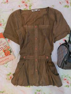 Unique Brown Button-Up Tunic Top