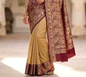 Elegant Gold and Maroon Silk saree