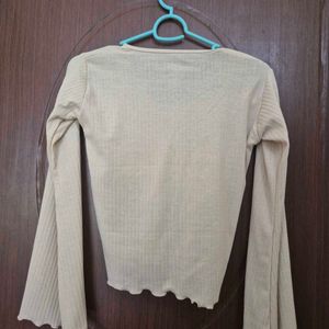 Cream Ribbed V-Neck Top Bell Sleeves &amp; Lettuc