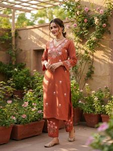 Embroidered Rust Kurta Set