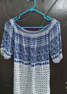 Boho Blue &amp; White Print Off-Shoulder Top