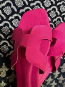 Hot Pink Crocodile Print Slides