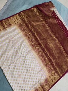 Elegant White &amp; Gold Silk Saree