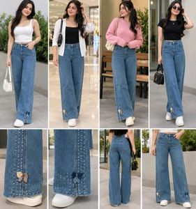 High-Waist Wide-Leg Jeans Pearl & Bow Detailing