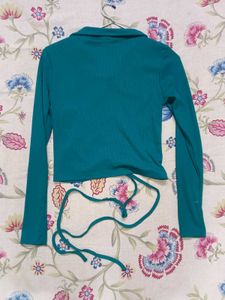 Teal Ruched Collared Long Sleeve Top