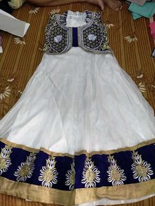 Elegant White & Blue Embroidered Gown