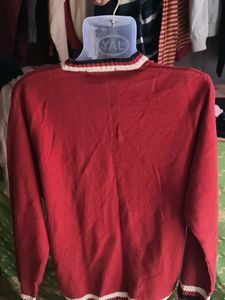 Red V-Neck Sweater with Striped Trim