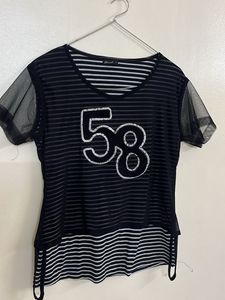 Black Sheer Striped Top with '58' Detail