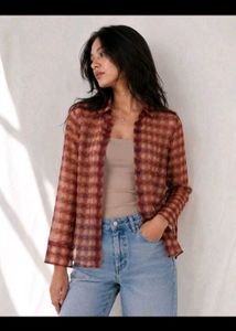 ZARA Sheer Checkered Long Sleeve Blouse