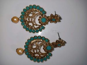 Blue And Golden Toned Floral Drop Earrings