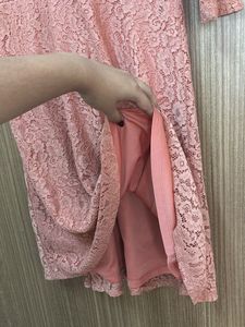 Coral Peach Lace Flare Dress With Half Sleeves