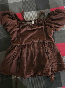 Brown Puff Sleeve Bardot Top
