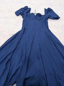 Navy Blue Puff Sleeve Midi Dress corset look