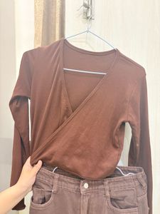 Brown V-neck Wrap Top &amp; Jeans waist 28
