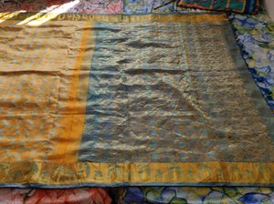 yellow and blue Korvai kanchipuram silk