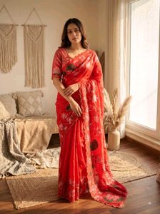 Vibrant Red Floral Saree