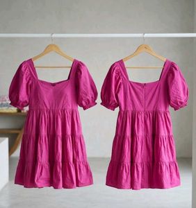Chic Pink Tiered Puff Sleeve Dress