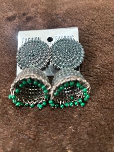 Oxidized Jhumka Earrings with Green Beads