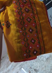 Yellow Embroidered Saree with Mirror Work