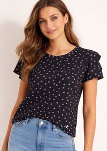 Chic Black Floral Print Top with Ruffle Sleeves