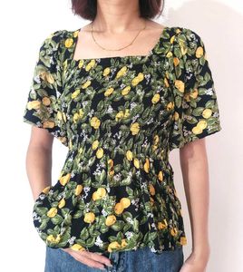 Chic Smocked Lemon Print Top