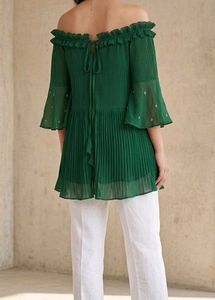 Emerald Green Off-Shoulder Pleated Tunic Top
