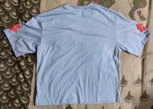 Blue T-Shirt with Red Hibiscus Print