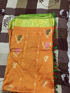 Beautiful Orange Saree with Green Border